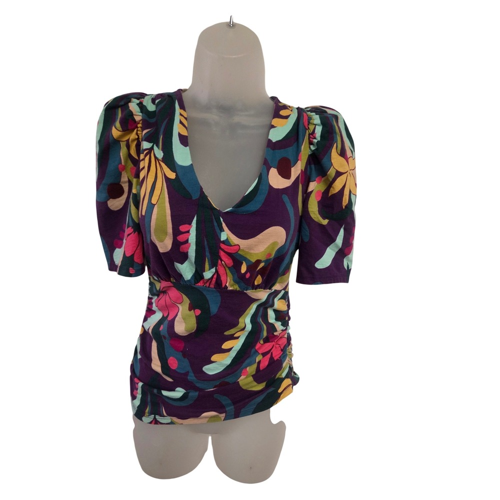 INC International Concepts Purple‎ Psychedelic Floral Puff Sleeve Top PS